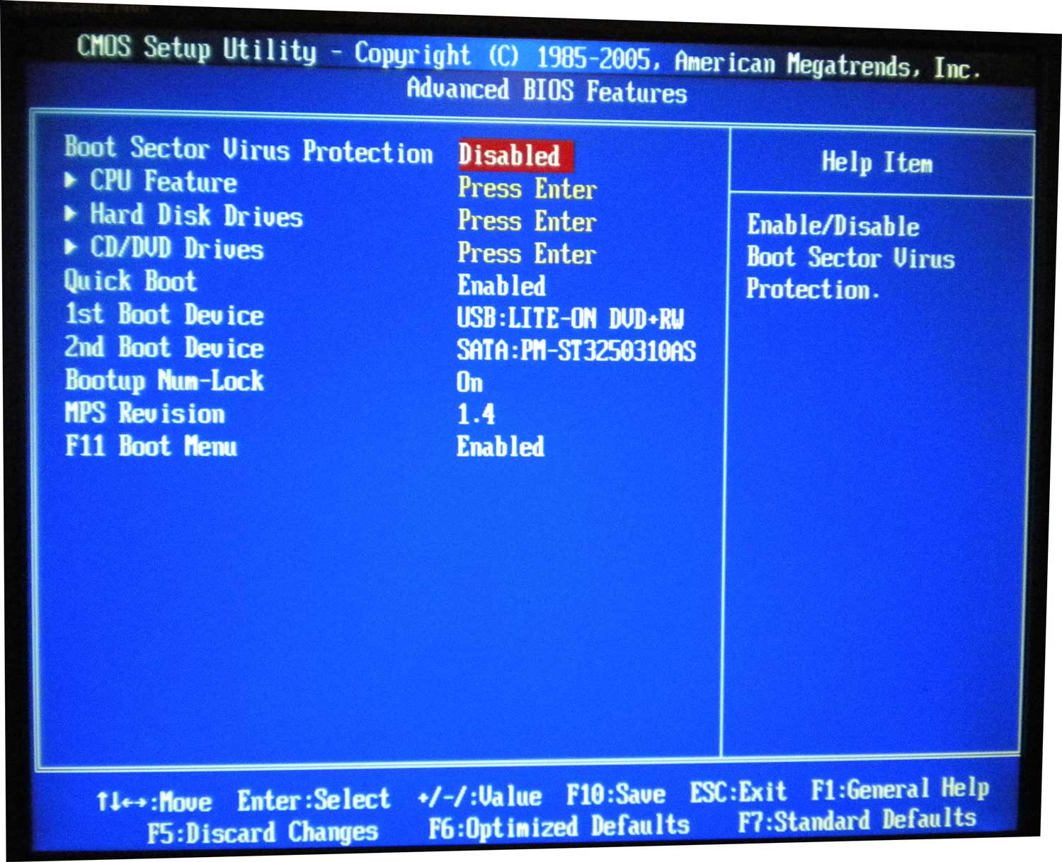CMOS Setup Utility Copyright c 1985-2004. Advanced BIOS features. Miscellaneous BIOS features.